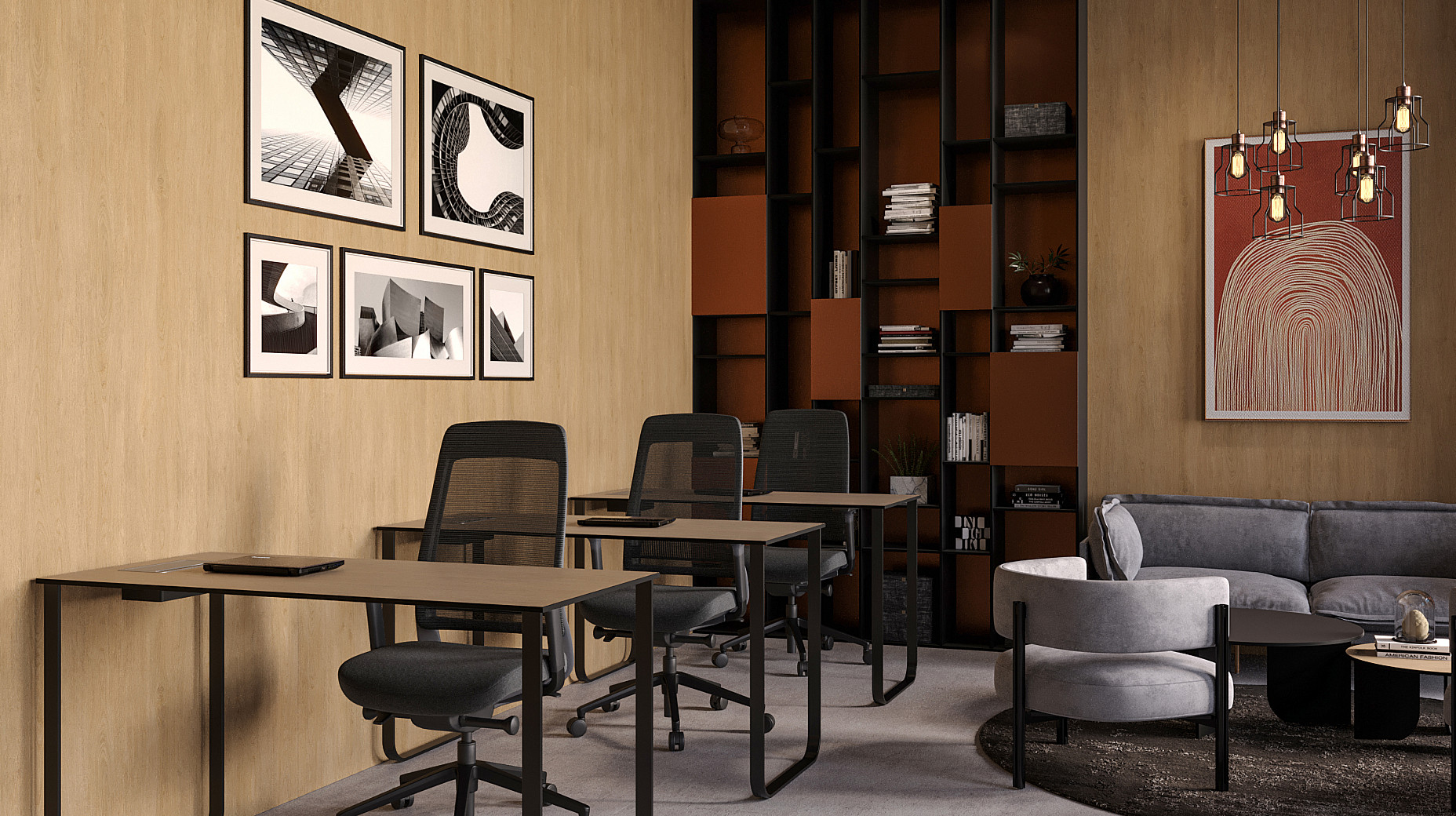 Лаконичные столы и стеновые панели из HPL Compact с древесной структурой объединяют зону коворкинга